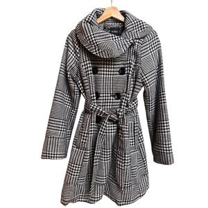 XOXO Womens Houndstooth Trench Coat Belt Black White Double Breasted Medium Y2K